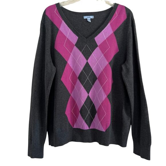 Izod Argyle Womens Sweater Size XXL Gray Pink Vneck Work Preppy Dark Academia - Picture 1 of 13